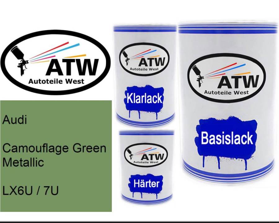 Audi, Camouflage Green Metallic, LX6U / 7U: 500ml Lackdose + 500ml Klarlack + 250ml Härter - Set, von ATW Autoteile West.